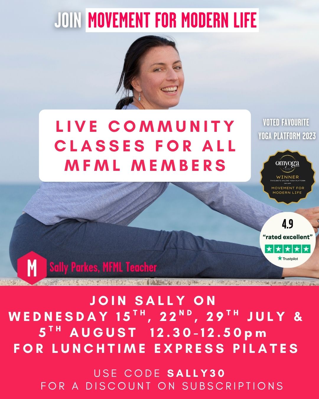 Sally Parkes Community Classes for MFML Movemement for Modern Life Om Yoga Magazine January 2023 Cover