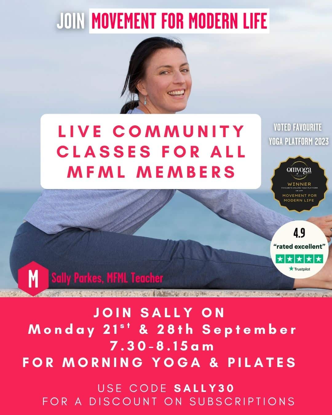 MFML September 2026 Community Classes with Sally Parkes Om Yoga Magazine January 2023 Cover