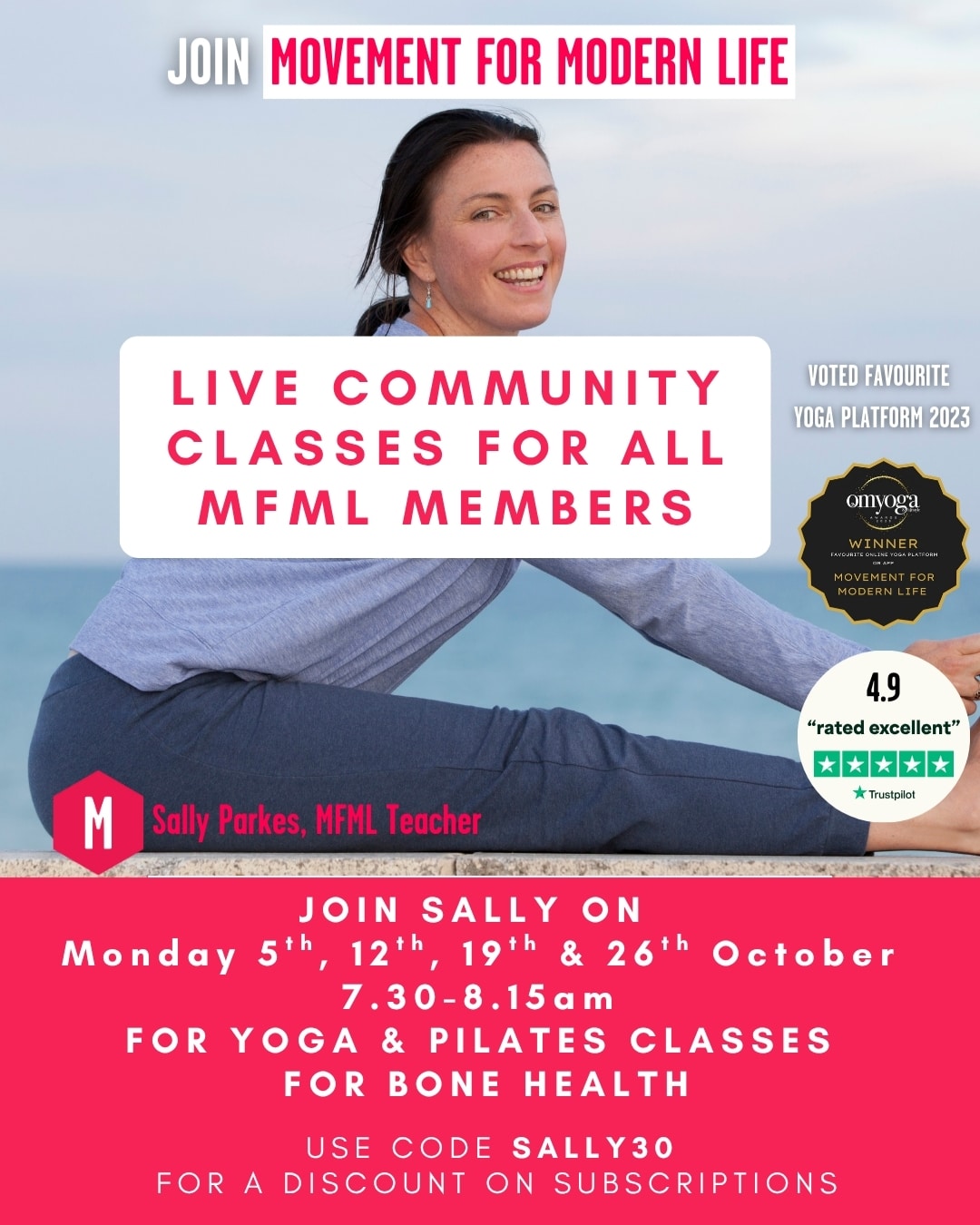 MFML oCTOBER 2026 Community Classes with Sally Parkes Om Yoga Magazine January 2023 Cover